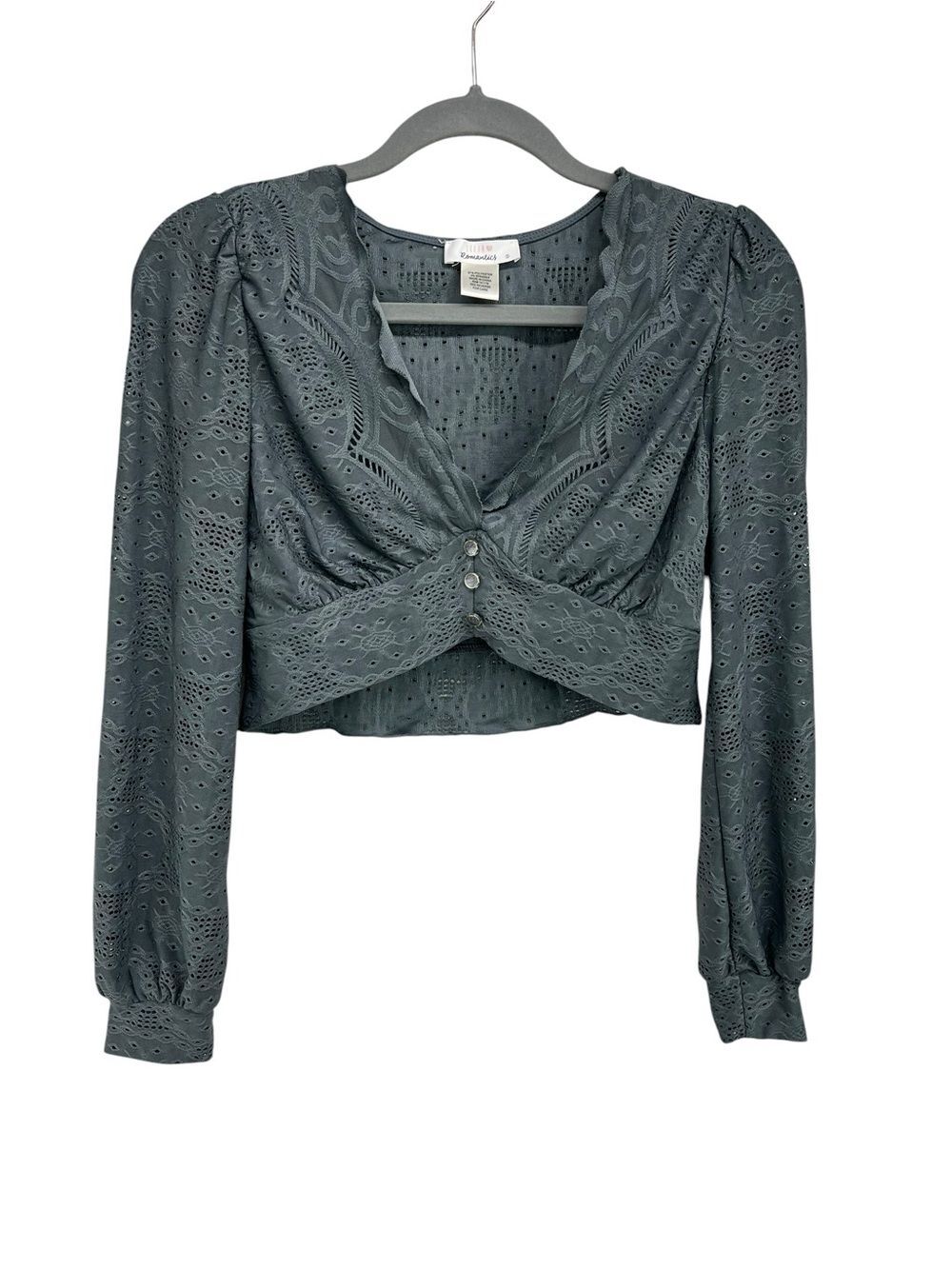 Urban Romantics Dusty Verdigris Eyelet Lace Crop Top Long Puff Sleeves Womens Sm
